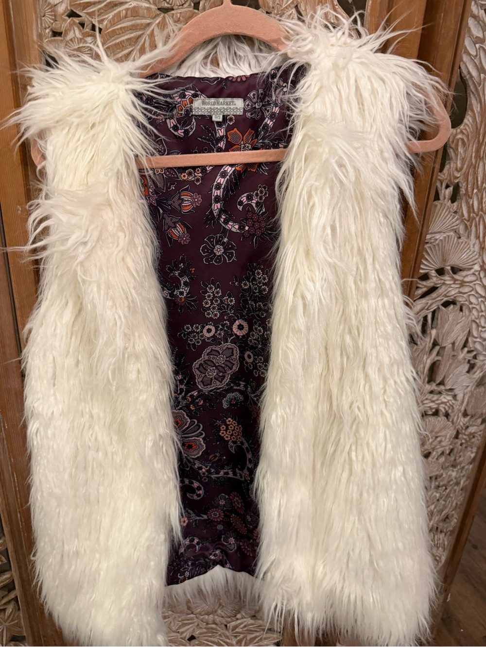 World Market Cream Faux Fur Teddy Vest with Silky Purple Patterned Lining